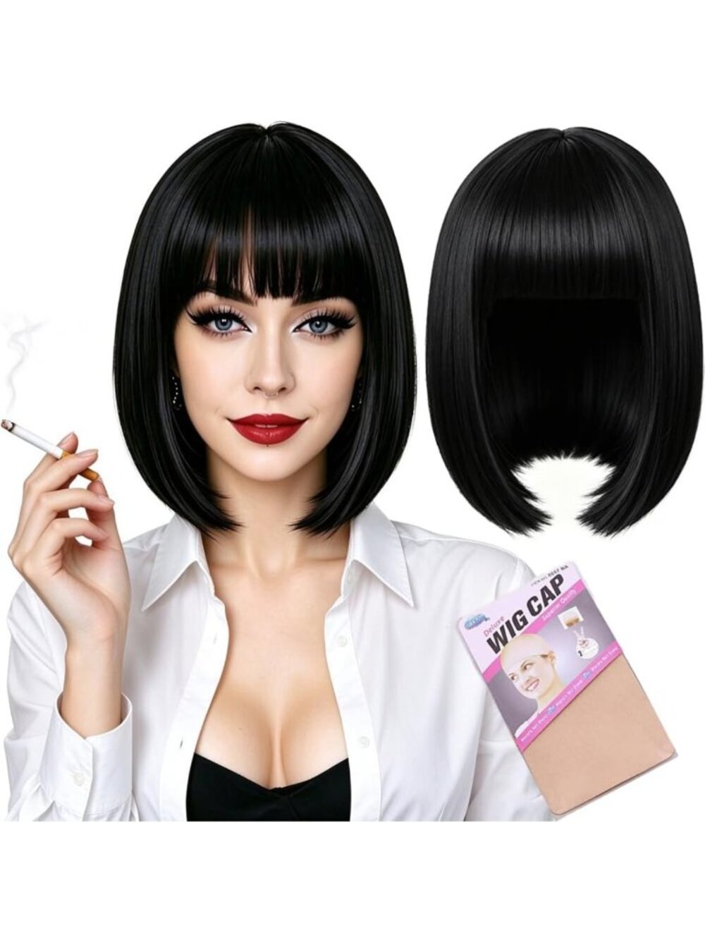 Stylish 12-Inch Black Bob Wig with Bangs - Short Straight Synthetic Hair for